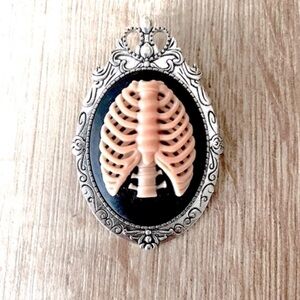 Black and Pink Ribcage Cameo Pendant Brooch, NWT